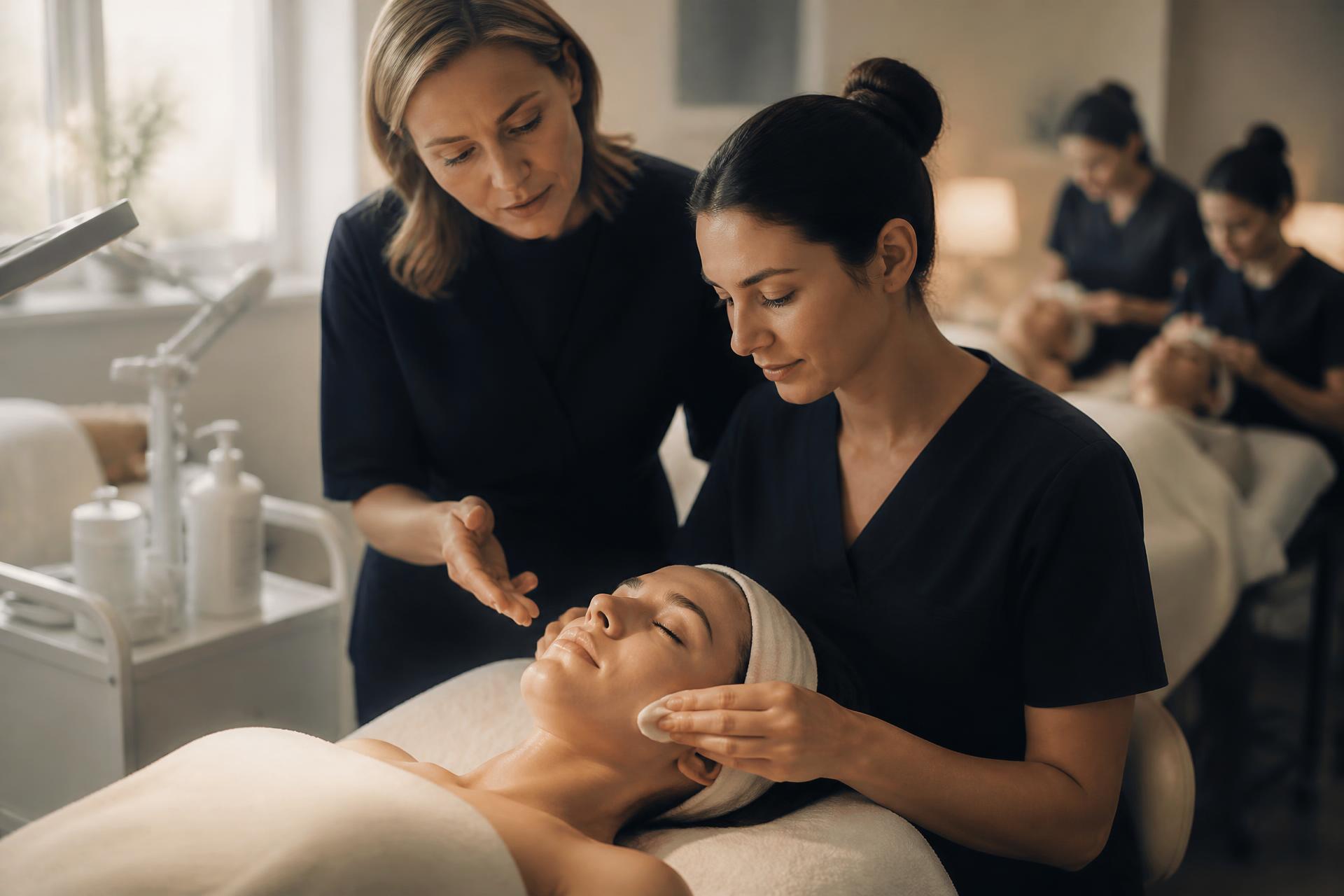Esthetics instructor guiding a student through a facial treatment
